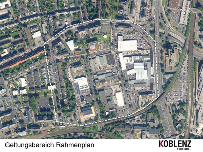 Luftbild mit Darstellung des Plangebiets. Quelle: Stadt Koblenz