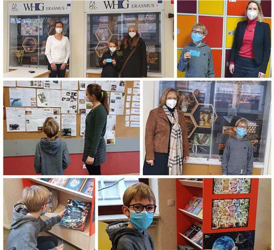 MSS-Leiterin des WHG, Bio- und Chemielehrerin Kathrin Herrmann zeigt einem interessierten Grundschüler, wie in der letzten Projektwoche des WHG aufwendige Minitaturlandschaften mit Exponaten aus der Biologie-Sammlung angefertigt wurden.Foto: WHG