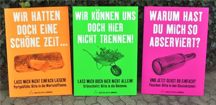 Markant in Signalfarbe stehen sie schon bereit: Die Plakate, die auf das Vermüllen unseres Lebensraumes aufmerksam machen sollen; demnächst verteilt im Stadtgebiet. Stadt Meckenheim