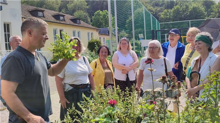 Matthias Alter machte mit gut 20 Interessierten bei schönstem Sonnenschein einen kleinen Rundgang und informierte über die ca. 35 Heilkräuter.  Foto: Irene Tietze-Trinkaus