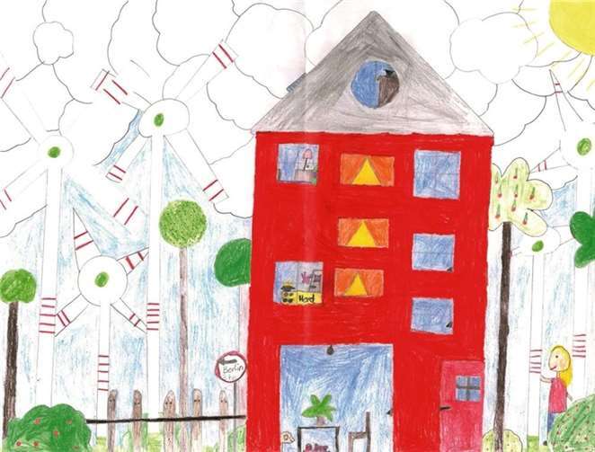 Maxines Bild zeigt ein Land voller Energie. Wind- und Sonnenenergie sorgen dafür, dass in Ihrem Traumhaus das Licht brennt und der Strom gespeichert werden kann.