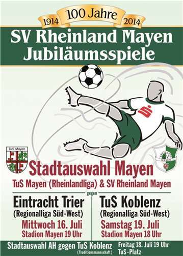 Mayen/Koblenz.Im Rahmen des 100-jährigen Bestehens des SV Rheinland Mayen e.V. wird es in Kürze zwei sportliche Highlights geben.Am Mittwoch, 16. Juli und am Samstag, 19. Juli wird die Stadtauswahl, bestehend aus Spielern des TuS Mayen und des SV Rheinland Mayen, auf zwei attraktive und hochkarätige Gegner treffen. „1938 schlossen sich der Turnverein Mayen 1886 und der Sportverein Rheinland Mayen 1914 zum heutigen TuS Mayen zusammen. Was lag näher als mit dem TuS Mayen 1886/1914 die Jubiläumsspiele zusammen durchzuführen“, freut sich Herwig Weiner, 2. Vorsitzender der Rheinländer auf die beiden Begegnungen.