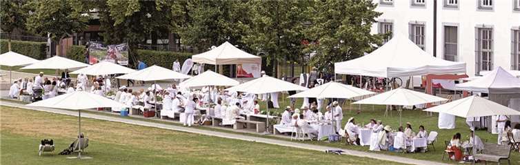 Mehr als 100 Menschen nahmen Platz an der „Langen Tafel“ im Schlosspark.  © Ditmar Guth