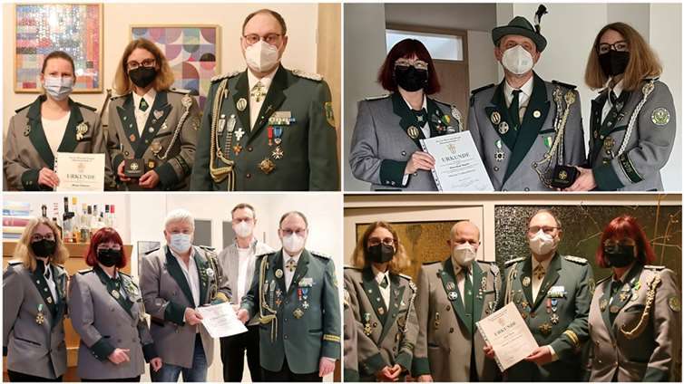 Miriam Lehmann im Bild oben links erhielt das Silberne Verdienstkreuz und den Orden zur 25-jährigen Mitgliedschaft. Franz Josef Regolot im Bild oben rechts und Paul Klasen im Bild unten rechts bekamen beide das Silberne Verdienstkreuz, Erich Hörsch im Bild unten links den Hohen Bruderschaftsorden, verliehen durch den Bezirksbundesmeister Alfred Degen, Pastor Norbert Missong, Brudermeister Ute Quirbach und 2. Brudermeister Christine Dorn. Foto: privat