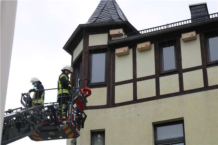 Mit Hilfe der Drehleiter wurden die Nistkästen am Dachvorsprung befestigt.