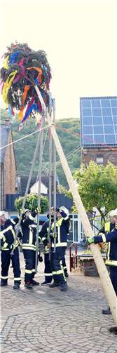 Mit Stangen und Seilen abgesichert, platzierte die Treiser Feuerwehr den Maibaum mitten auf dem Marktplatz. Fotos: TT