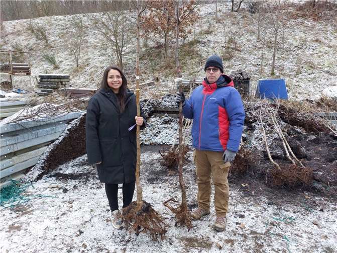 Mit der Ausgabe der Pflanzen endet die Aktion „Bäume für Bürger“ in der VG Montabaur. Auch Shalin Normann aus Montabaur freut sich über zwei Apfelbäume für den eigenen Garten. Markus Kuch, Leiter des Sachgebiets Umwelt, gab Tipps zum Einpflanzen und zur Pflege der jungen Bäume.  Foto: VG Montabaur/Christof Kunoth