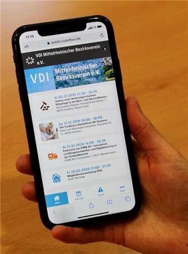 Mit der VDI-App ermöglicht der VDI seinen Online-Besuchern, sich schnell und einfach über seine regionalen Events wie Vortragsveranstaltungen, Technik-Exkursionen oder Versammlungen zu informieren.Foto: VDI Mittelrhein