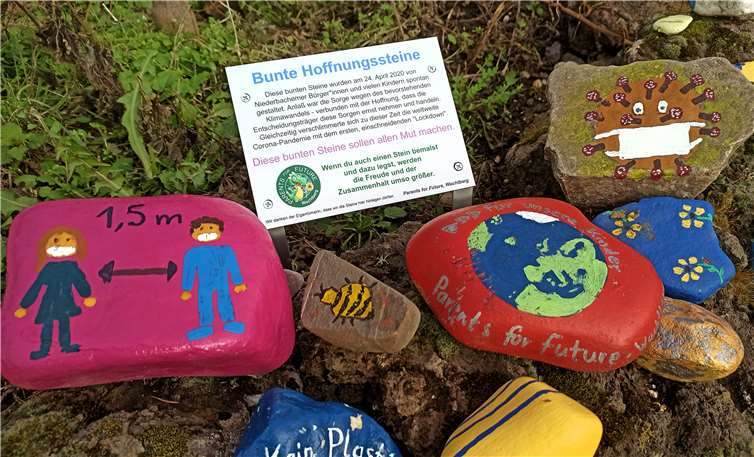 Mit einem Hinweisschild informieren die Parents for Future in Niederbachem über den Anlass für die bunten „Hoffnungssteine“. Jeder kann selber eigene, bemalte Steine dazu legen. Je mehr es tun, desto stärker das Zeichen, das gesetzt wird. Foto: privat
