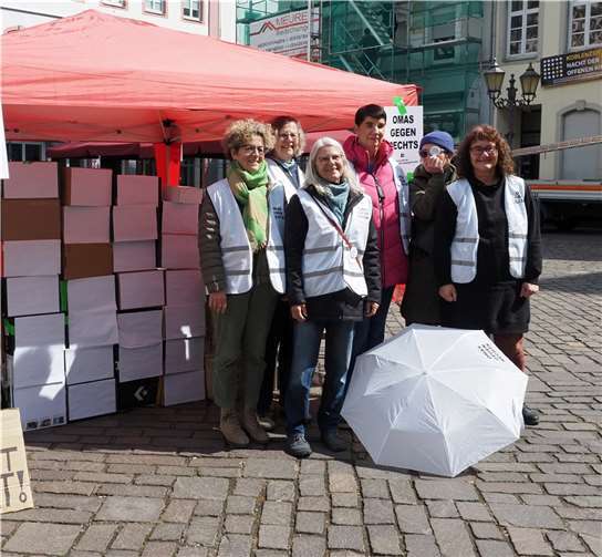 Mit einer symbolischen Brandmauer aus Kartons, die von Passanten beschriftet werden konnten, setzten die lebenserfahrenen Frauen ein starkes Zeichen für Demokratie in der Stadt. Quelle: Omas gegen Rechts