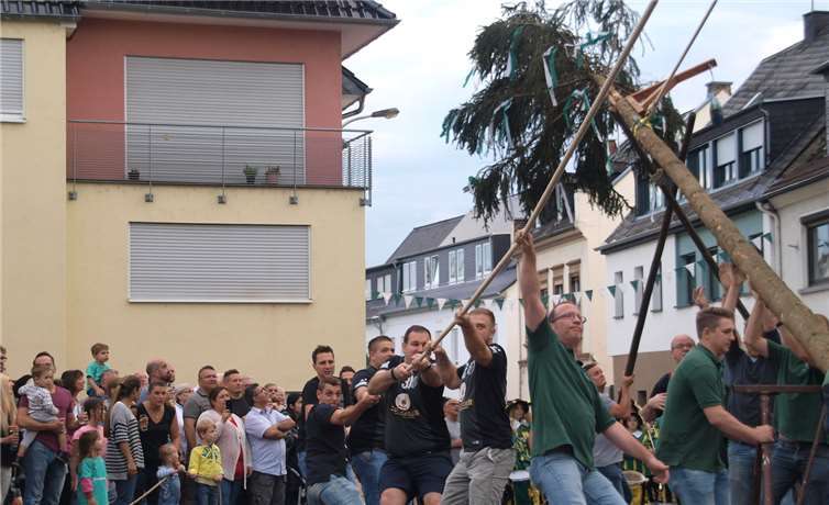 Mit geballter Manneskraft und unter Aufsicht Hunderter Zuschauer am Rande wurde der Kirmesbaum in die Senkrechte befördert.US