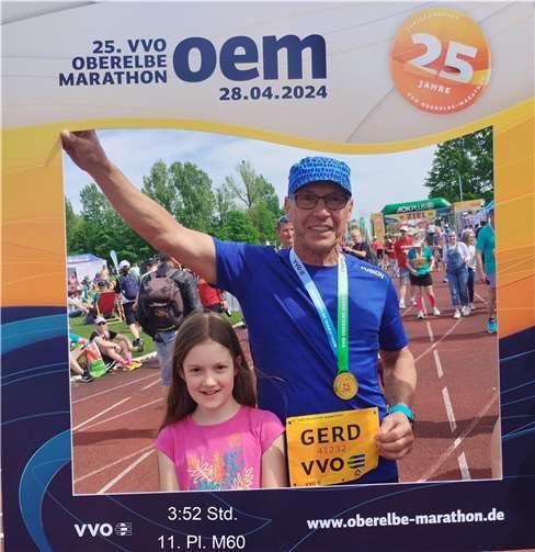 Mit neuem Vereinsrekord in der Klasse M 60 finishte Gerd Scholze (LT Puderbach) den 25. Oberelbe Marathon von Königstein nach Dresden.  Quelle: LT Puderbach