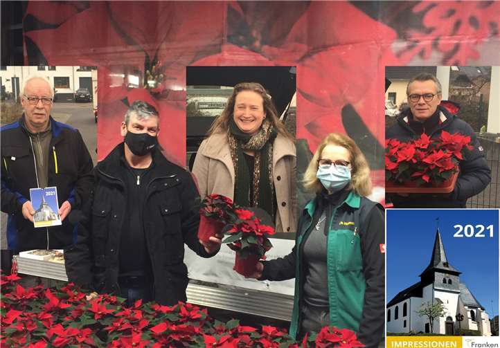 Mit prächtigen Weihnachtssternen von Christa Hammer (v.r.) und dem ersten Frankener Jahreskalender überraschten Ortsvorsteher Jürgen Koffer und der Ortsbeirat die Senioreninnen und Senioren in Franken. Foto: Privat