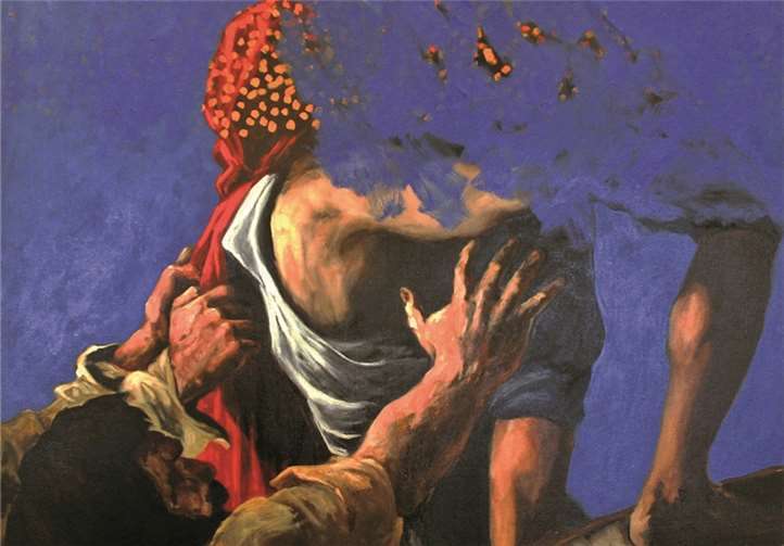 Mit seinem Gemälde „Groupe fond points“ zitiert Martin Bruneau Theodore Géricaults berühmtes Gemälde „Floß der Medusa“ und aktualisiert dessen kritisches Potential.