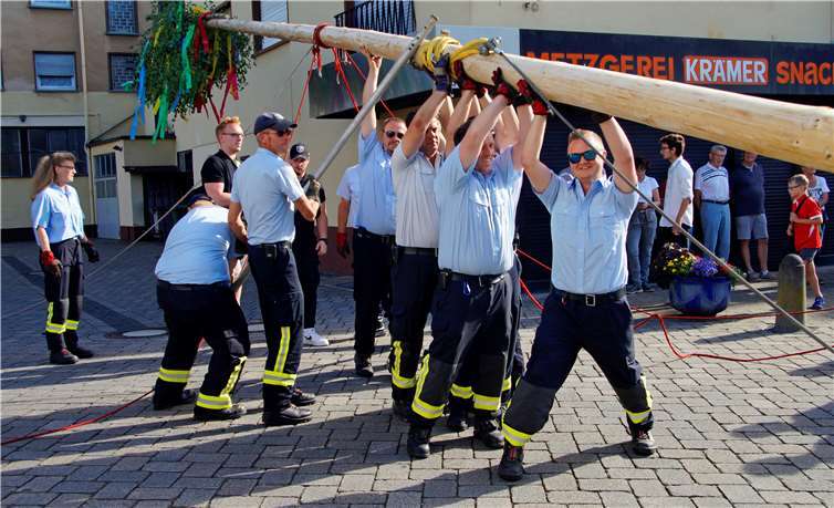 Mit vereinten Kräften und der Hilfe der Freiwilligen Feuerwehr kam der Baum langsam in die Höhe.