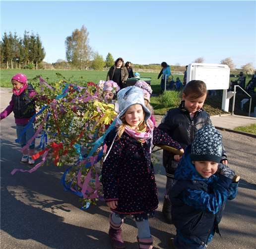 Mit vereinten Kräften wurde der Maibaum zum Apfelhügel geschleppt.