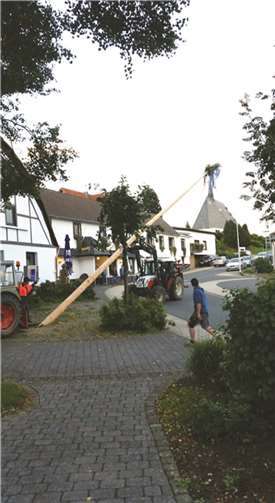 Mit vereinten Kräften wurrde der Kirmesbaum aufgestellt.