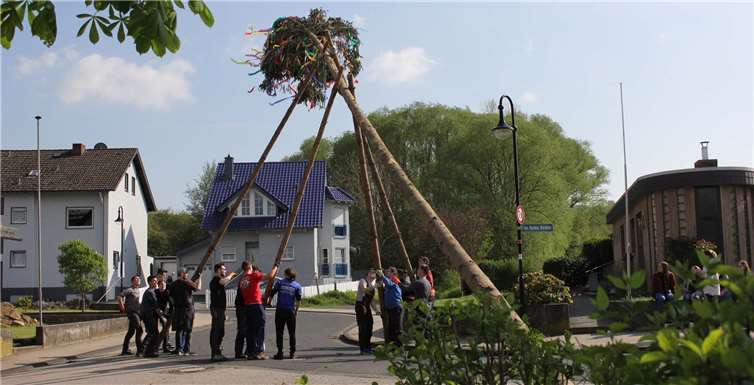 Mit viel Muskelkraft und nur mit Hilfe von zwei „Schwalben“ stellten die Waldorfer Junggesellen traditionsgemäß den Maibaum an der Vinxtbachhalle auf. Foto: -WK-