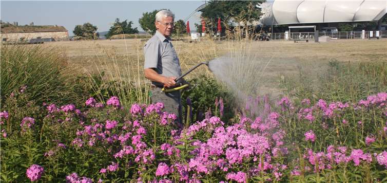 Mitglieder des Teams Staudenpflege wässern mit viel Elan die Staudenbeete im Schloss- und Festungspark.  BUGA-Freunde Koblenz