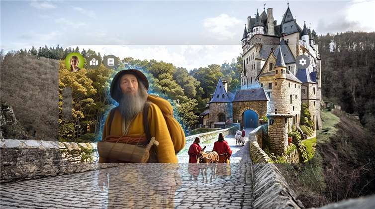 Mithilfe von Augmented Reality auf dem Smartphone wird Geschichte in MYK erlebbar, so etwa an der Burg Eltz, an Caesars Brücke am Rhein bei Weißenthurm, im Mühlsteinrevier, am Industriestandort der Eisenverarbeitung in der Sayner Hütte oder in der alten Tuchmacherstadt Monreal.  Foto: REMET