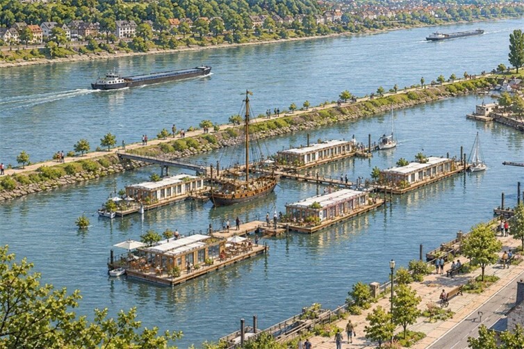 Mögliche Nutzung des Brohler Hafens mit schwimmenden Ferienhäusern und einem Museumsschiff (architektonisch angelehnt an ehemalige Badeschiffe auf dem Rhein)