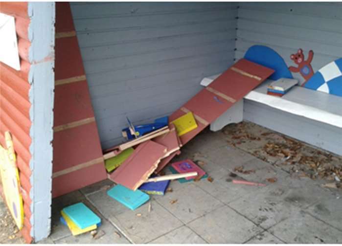 Mutwillige Zerstörung am Kinderrechte-Haus.Privat