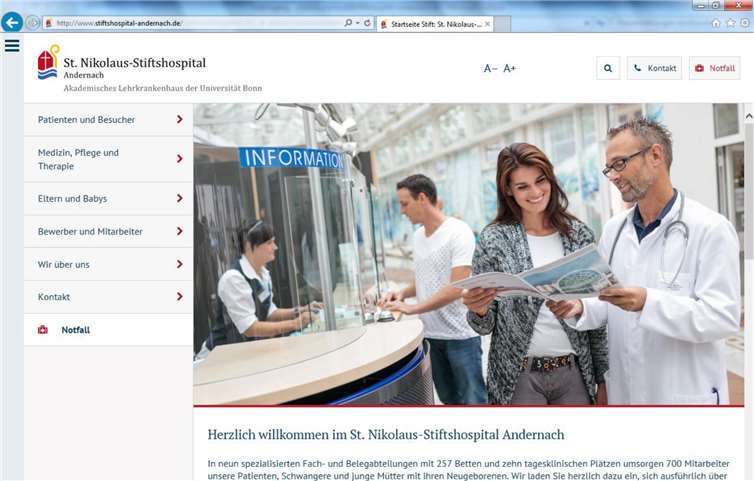 Nach Zielgruppen geordnet werden die Informationen auf der neu gestalteten Internetpräsenz der St. Nikolaus-Stiftshospital GmbH präsentiert.  St. Nikolaus-Stiftshospital