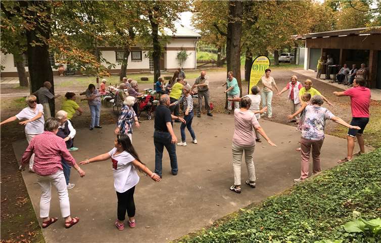 Nach dem Motto „Wer rastet, der rostet“, bleiben die Teilnehmer des Grillfestes von Treffpunkt Ohr durchaus nicht immer nur auf ihren Stühlen sitzen. Hier ein Probetraining der Gymnastik-Gruppe unter Kastanien-Bäumen.Quelle: Treffpunkt Ohr