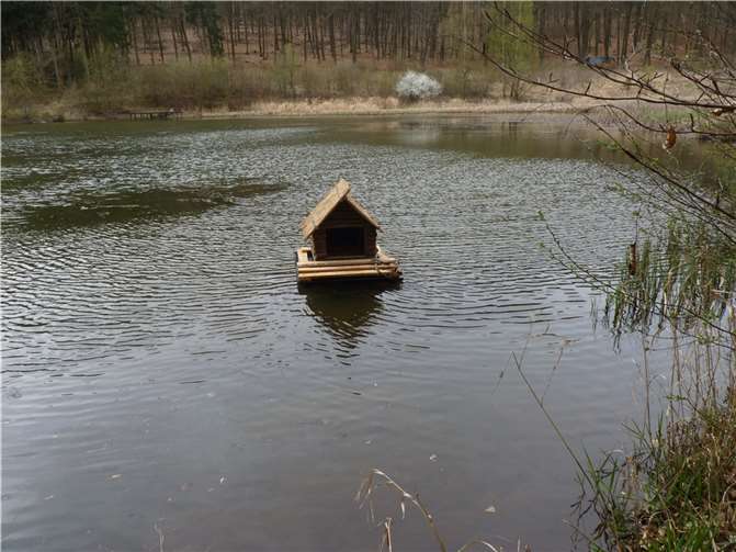 Nach den Reparaturarbeiten wurde das „Entenhaus”, eine schwimmende Brutstätte, wieder im Veltens Weiher platziert.