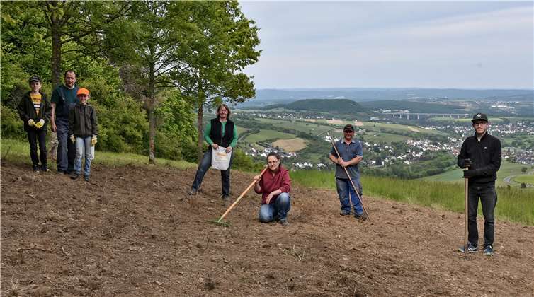 Nach der Einsaat sind die Mitglieder des Fördervereins nun gespannt, wie die Wiese am Fuß der Burg Olbrück sich entwickeln wird.Foto: Jutta Dietz