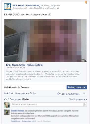 Nach nur fünf Stunden war diese Fahndungsmeldung bereits über 1.000 Mal geteilt worden und erreichte über 63.000 Menschen – und das, ohne dass das Medienunternehmen die Reichweite durch Bewerben des Beitrags erhöhte.