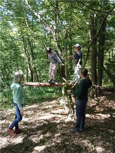 Nach und nach wuchsen viele liebevoll gestaltete Hütten um den gemütlichen Sitzplatz, bis hin zu einem kleinen Dorf mitten im Wald. Quellen: Kita Kunterbunt