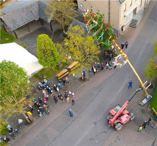 Nachdem die Kinder aus dem Ort den Baum festlich geschmückt hatten, konnte er unter den Augen der Zuschauer aufgestellt werden.  Foto: OG Pillig