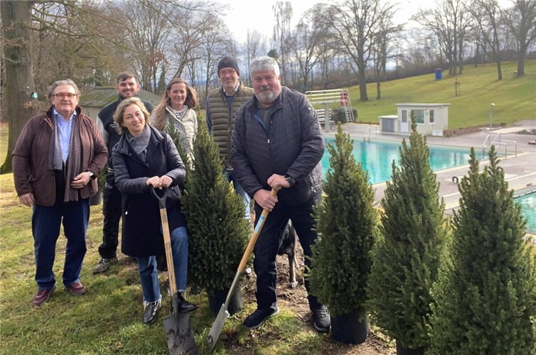 Nachhaltige Nutzung der Weihnachtsdekoration. Im Vulkanbad wurden 30 Zuckerhutfichten gepflanzt.V.l.n.r.: Jürgen Zinken, Wirtschaftsförderung und Klimaschutz Verbandsgemeinde Mendig; Lukas Mohr, Schwimmbadmeister Vulkanbad Mendig; Dr. Irina Schlags, Vorsitzende Werbegemeinschaft Mendig; Eva Geisen-Schlich, stellv. Vorsitzende Werbegemeinschaft, Uli Rawert, Vorstandsmitglied Werbegemeinschaft; Achim Grün, Stadtbürgermeister Mendig.