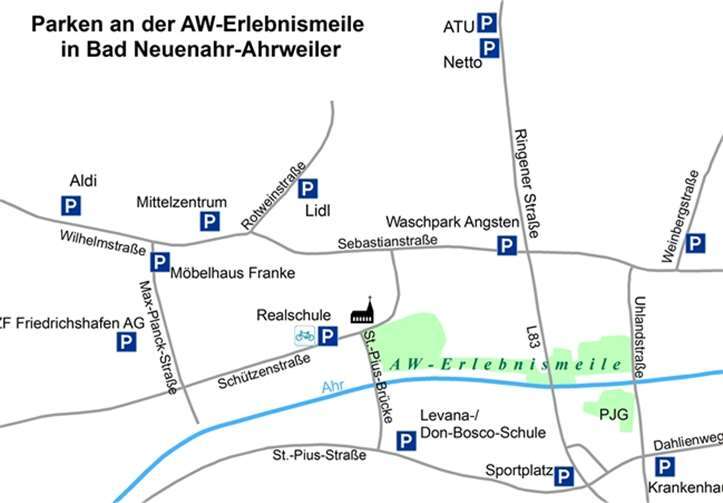Neben den allgemeinen Parkmöglichkeiten im Stadtgebiet ist das Parken in der Nähe der Erlebnismeile auf 13 weiteren ausgewiesenen Plätzen möglich.Kreisverwaltung Ahrweiler
