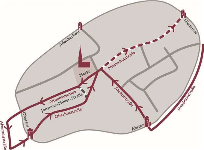 Neuer Zugweg 2023 – Aufstellung Friedrichstraße, Einzug durchs Ahrtor, über die Ahrhut, den Marktplatz, die Altenbaustraße, die Alveradisstraße, die Oberhutstraße, mit anschließender Auflösung über die Niederhutstraße. Nur die Burgundia fährt über die Johannes-Müller-Straße zum Abschluss erneut auf den Marktplatz. Quelle: Ahrweiler Weinwochen e.V.