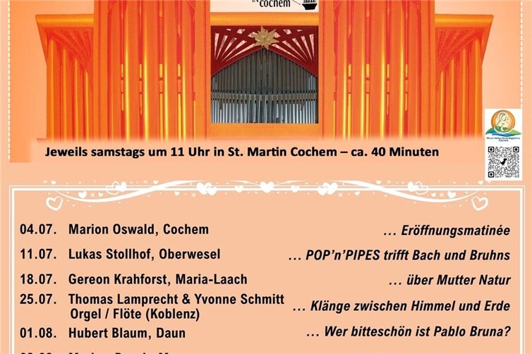 Neun „Cochemer Orgelmatinéen 2026“ - 40 Minuten Musik und kurze geistliche Texte