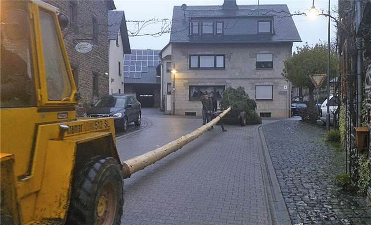 Nicht gerade einfach gestaltete sich aufgrund des schlechten Wetters der Transport des Maibaums in die Ortsmitte. privat