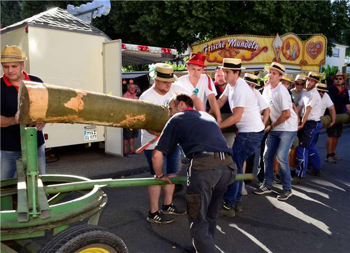 Niederbieberer Burschen hoben den 21 Meter langen Kirmesbaum vom Fahrgestell.HEP