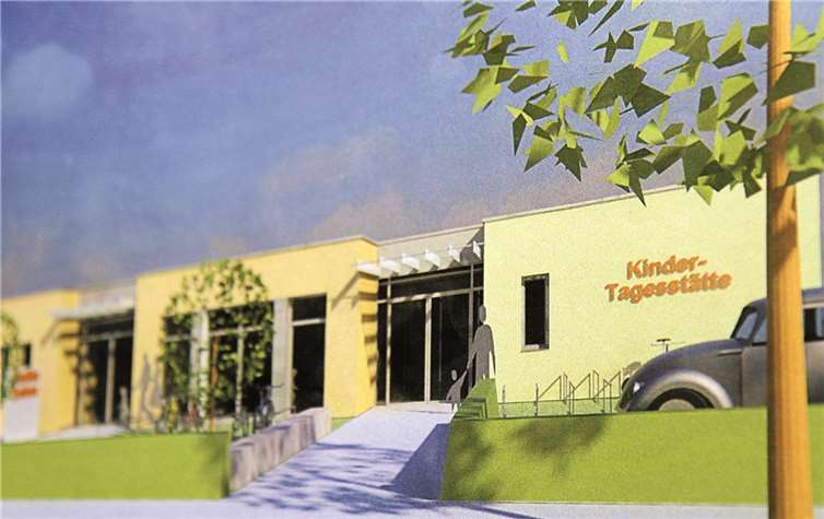 Noch auf dem Zeichenblatt steht der Neubau des Familienzentrums mit einer Kita und Spielgruppe. Aber, bereits im Juni 2014 soll die Übergabe für die 75 Kinder und 14 Mitarbeiterinnen erfolgen. Foto: Stein