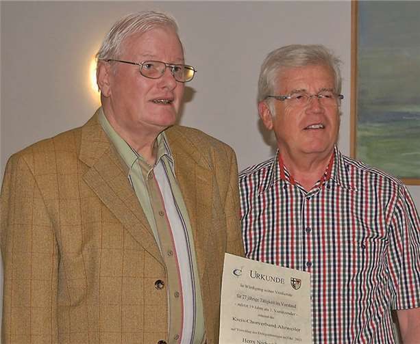 Norbert Reineri (links) erhielt die Urkunde der Ernennung zum Ehrenvorsitzenden durch seinen Nachfolger im Amt, Günter Nerger.