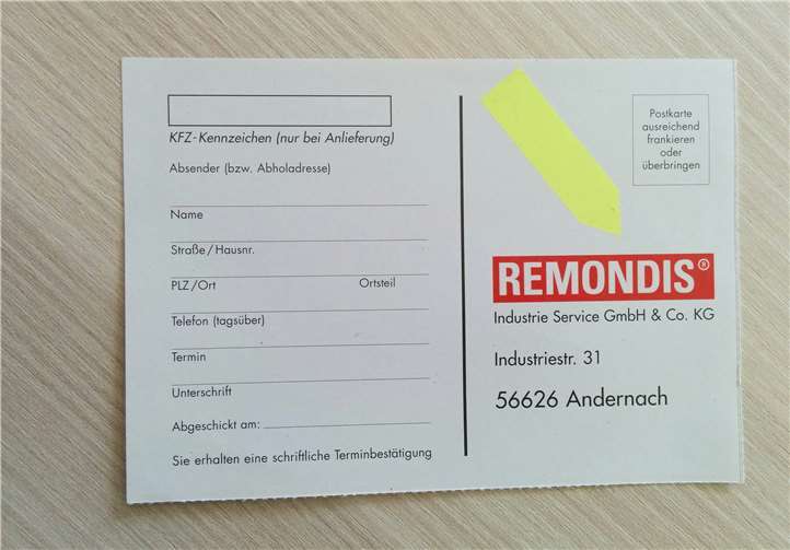 Nur dieser aktuelle Entsorgungsscheck für Schadstoffe mit der Adresse Remondis Industrieservice GmbH erreicht sein Ziel. Andere Schecks für Schadstoffe sind ungültig.Margit Grzanna