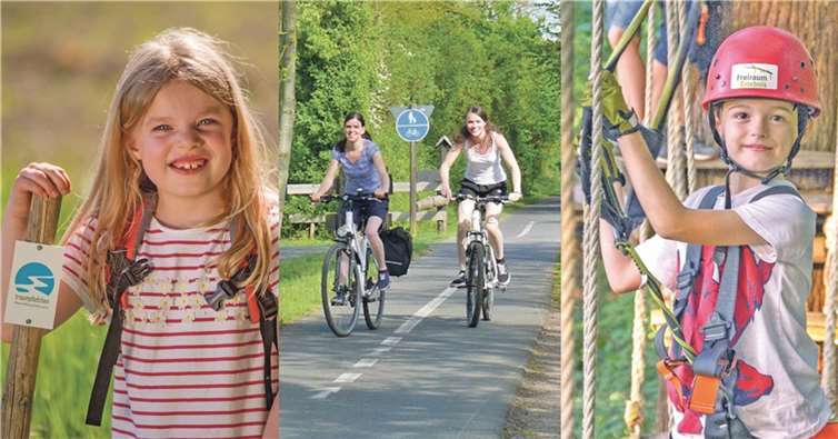 Mit der Familie die Ferienregion Mayen-Koblenz entdecken Ob eine Wanderung auf einem Traumpfädchen (von links), eine Radtour durch das Maifeld oder ein Besuch im Kletterwald – der Landkreis Mayen-Koblenz hält für die Sommerferien diese und viele andere Ausflugsmöglichkeiten für Kinder und Familien bereit.Foto: REMET/Kappest, Freiraum Erlebnis GmbH, Anna Schweitzer/TI Maifeld