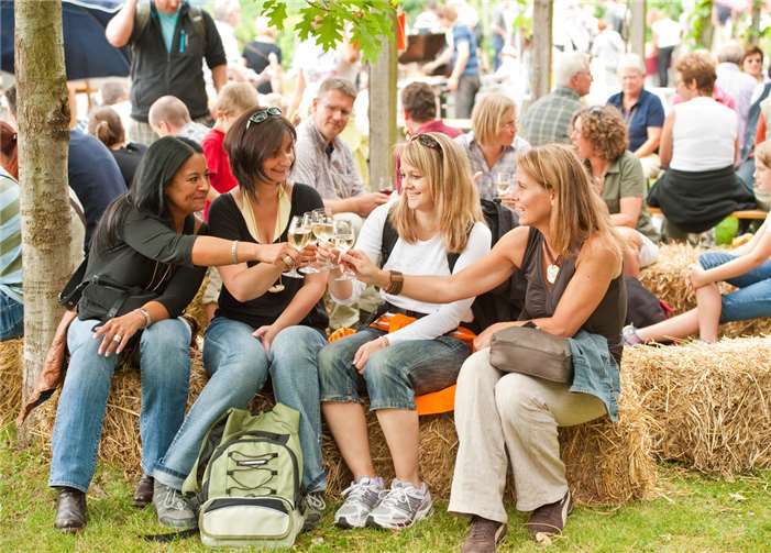 Oben auf dem Festplatz in den Weinbergen angekommen, können die Besucher auf den Strohballen ausruhen und den Wein und die Geselligkeit genießen. privat