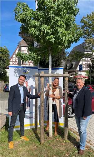 Oberbürgermeister David Langner (links) und Bürgermeisterin Ulrike Mohrs (rechts) freuen sich gemeinsam mit Bündniskoordinatorin Minka Bäumges über den neuen Bündnis-Baum in den Rheinanlagen.Foto: Koblenzer Bündnis für Familie