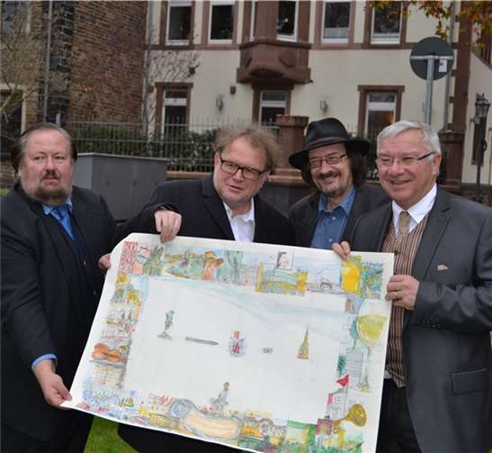 Oberbürgermeister Prof. Dr. Joachim Hofmann-Göttig (v.r.), Ralf Godde, Thomas Metz, Generaldirektor Kulturelles Erbe Rheinland-Pfalz und Medienmacher Wulle Wüst präsentierten gemeinsam den neuen Kunstwandkalender Koblenz 2016.Rommersbach