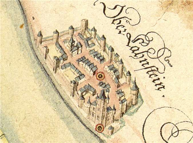 Oberlahnstein – Zeichnung von Wilhelm Dilich (Ausschnitt), um 1608/1609.  Foto: Bildvorlage: Alexander Thon M. A., Lahnstein