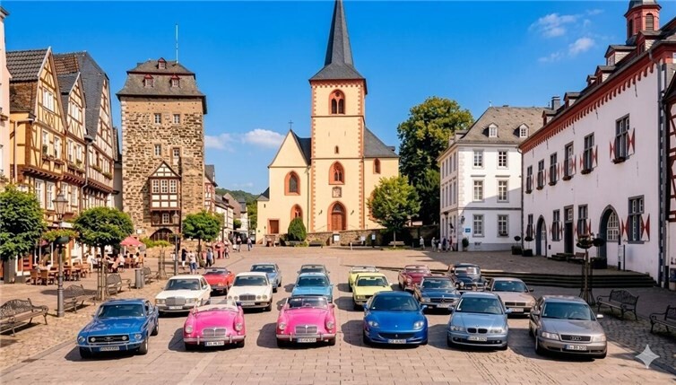 Oldtimer umgeben von Linzer Sehenswürdigkeiten.  Quelle: Wolfgang Hürter