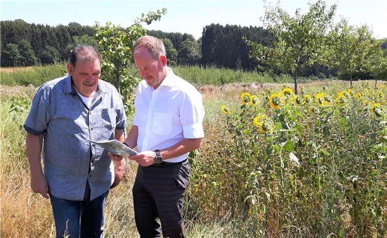 Ortsbürgermeister Wolfgang Theis und Hegeringleiter Oliver Hachenberg vergleichen die Liste der Samenmischungen mit der blühenden Realität.privat