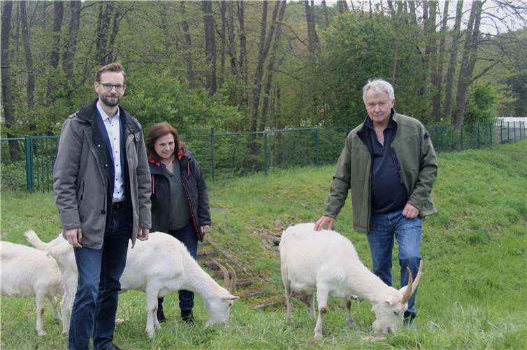Ortsbürgermeisterin Carmen Diedenhoven und Bürgermeister Ulrich Richter-Hopprich von der Verbandsgemeinde Montabaur besuchten Gerd Höber (Mitte) und seine Ziegen im Regenrückhaltebecken in Niederelbert. Foto: VG Montabaur / Christina Weiß